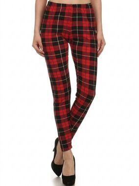 🔸️Leggings Depot Red Tartan Plaid High Waist Leggings One Size